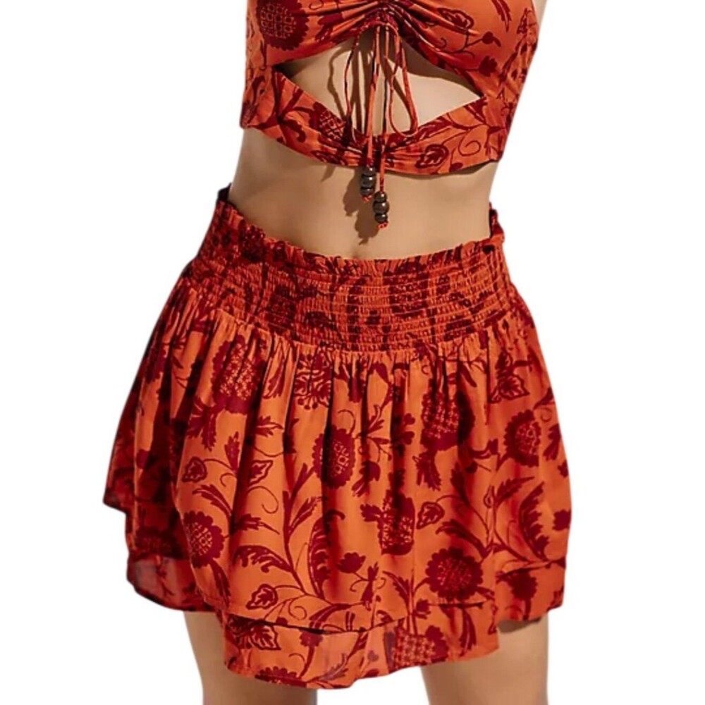 Anthropologie Floral Smocked Mini Skirt Orange Medium